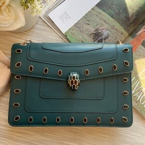 Bvlgari Green Leather Medium Studded Serpenti Forever Flap Shoulder Bag